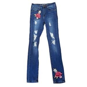 Machine Rose High Rise Distress Embroidered Skinny Stretch Jeans Size 26